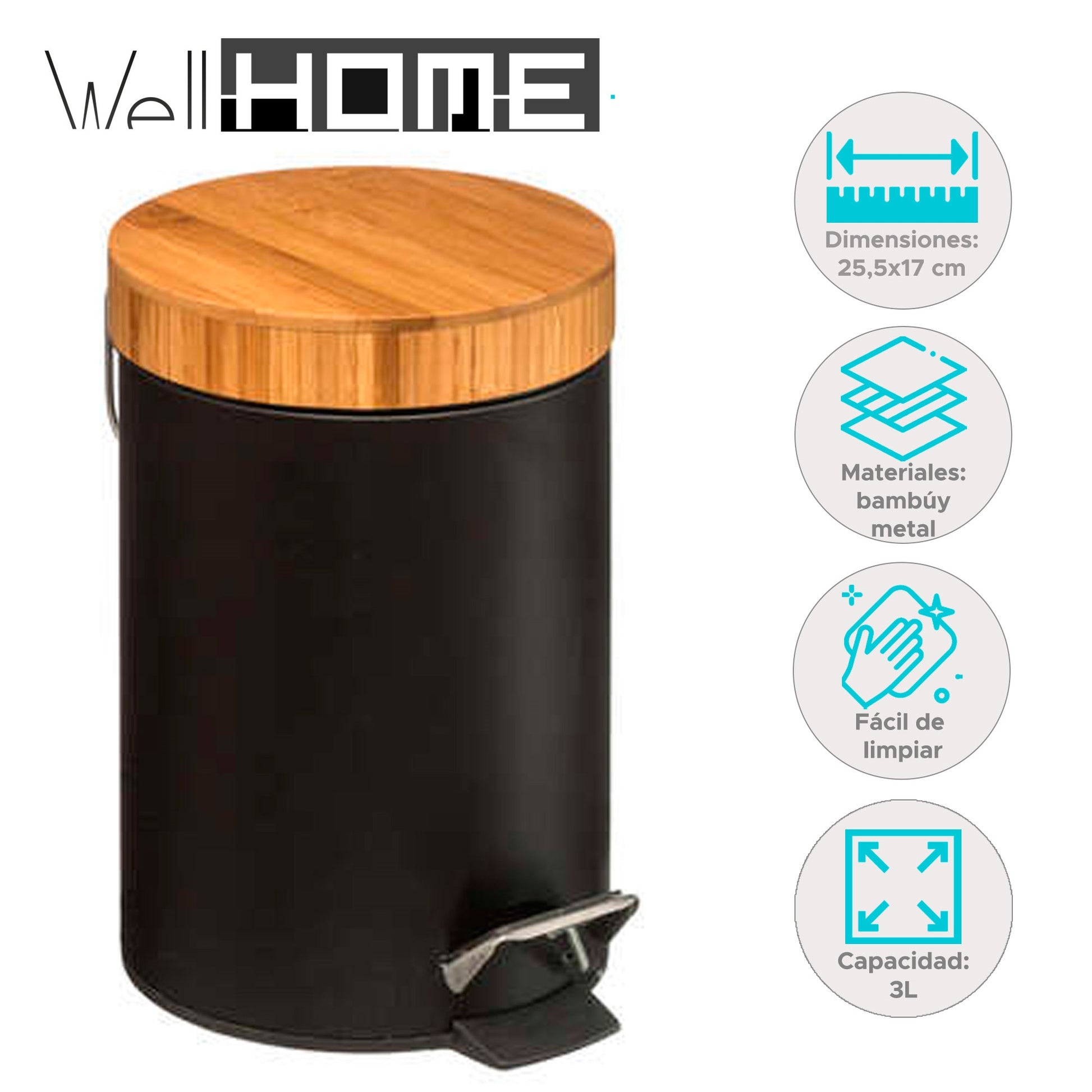 Well Home Cubo Pedal 3l En Metal Y Bamboo Color Negro Ø25,5cm