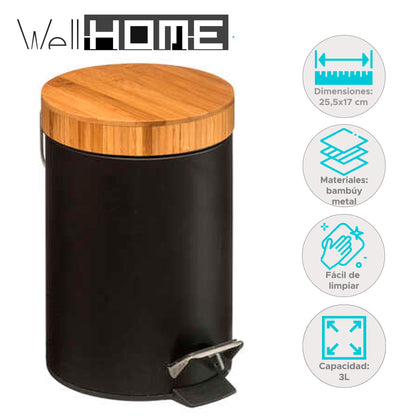 Well Home Cubo Pedal 3l En Metal Y Bamboo Color Negro Ø25,5cm
