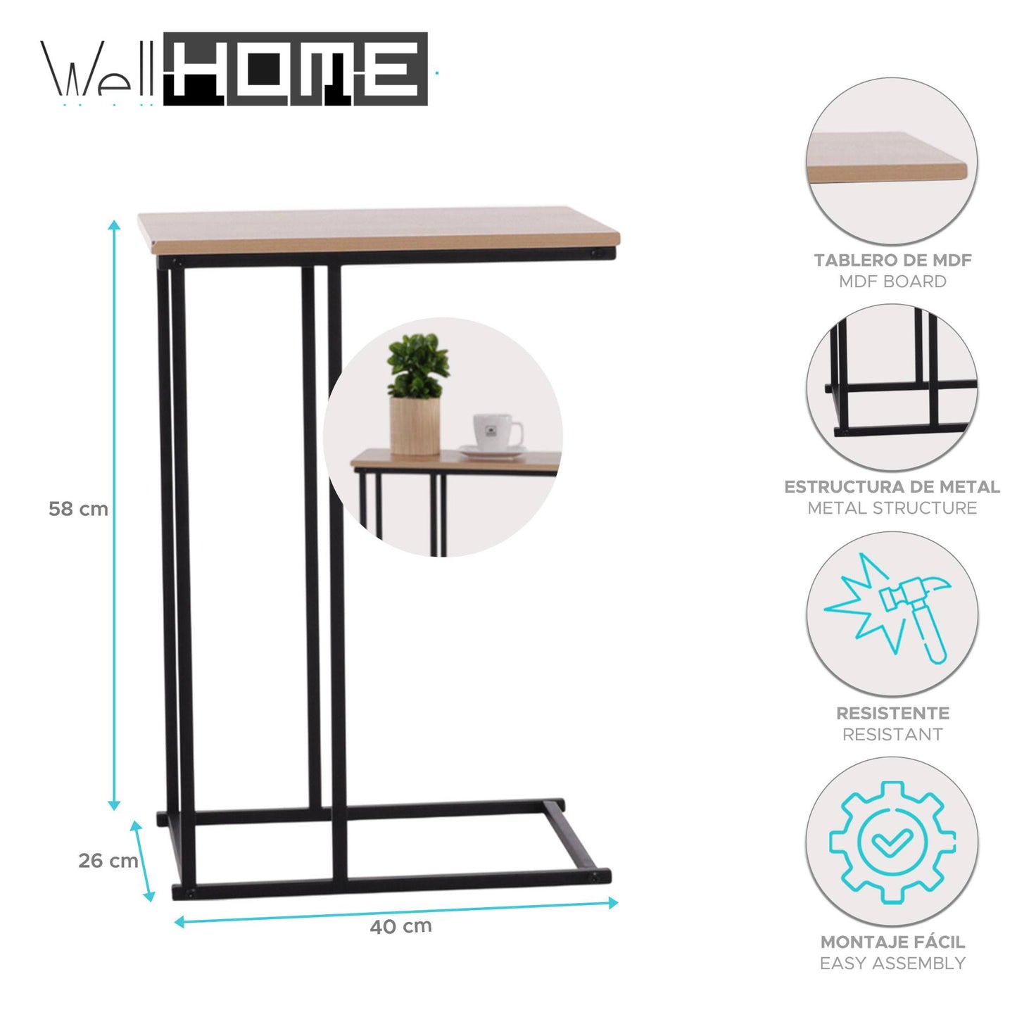 Well Home Mesa Auxiliar De Metal Con Tapa De Mdf Y Melamina En Color Natural 40x26x58cm_1