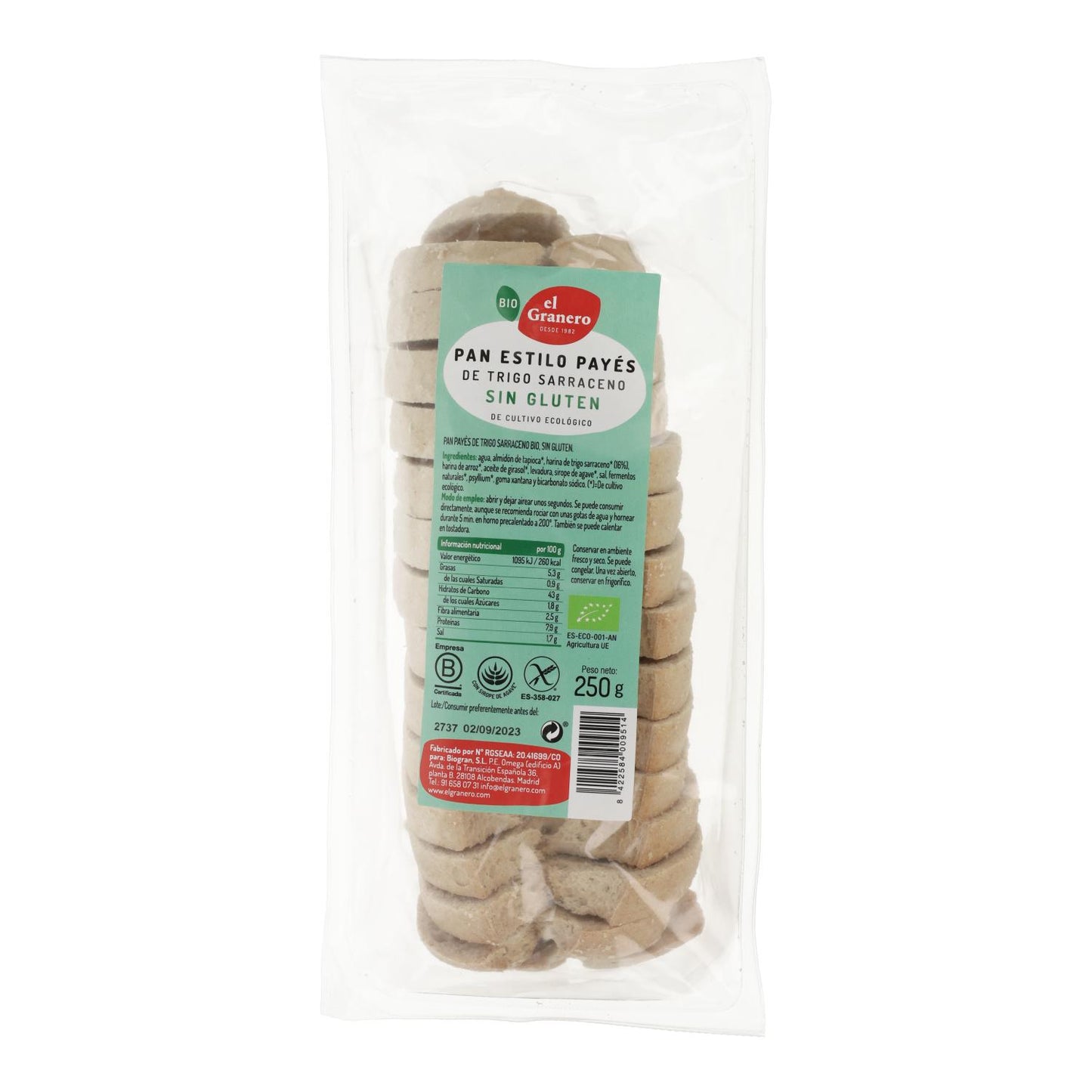 Pan Payés con Trigo Sarraceno sin gluten bio El Granero 250 g