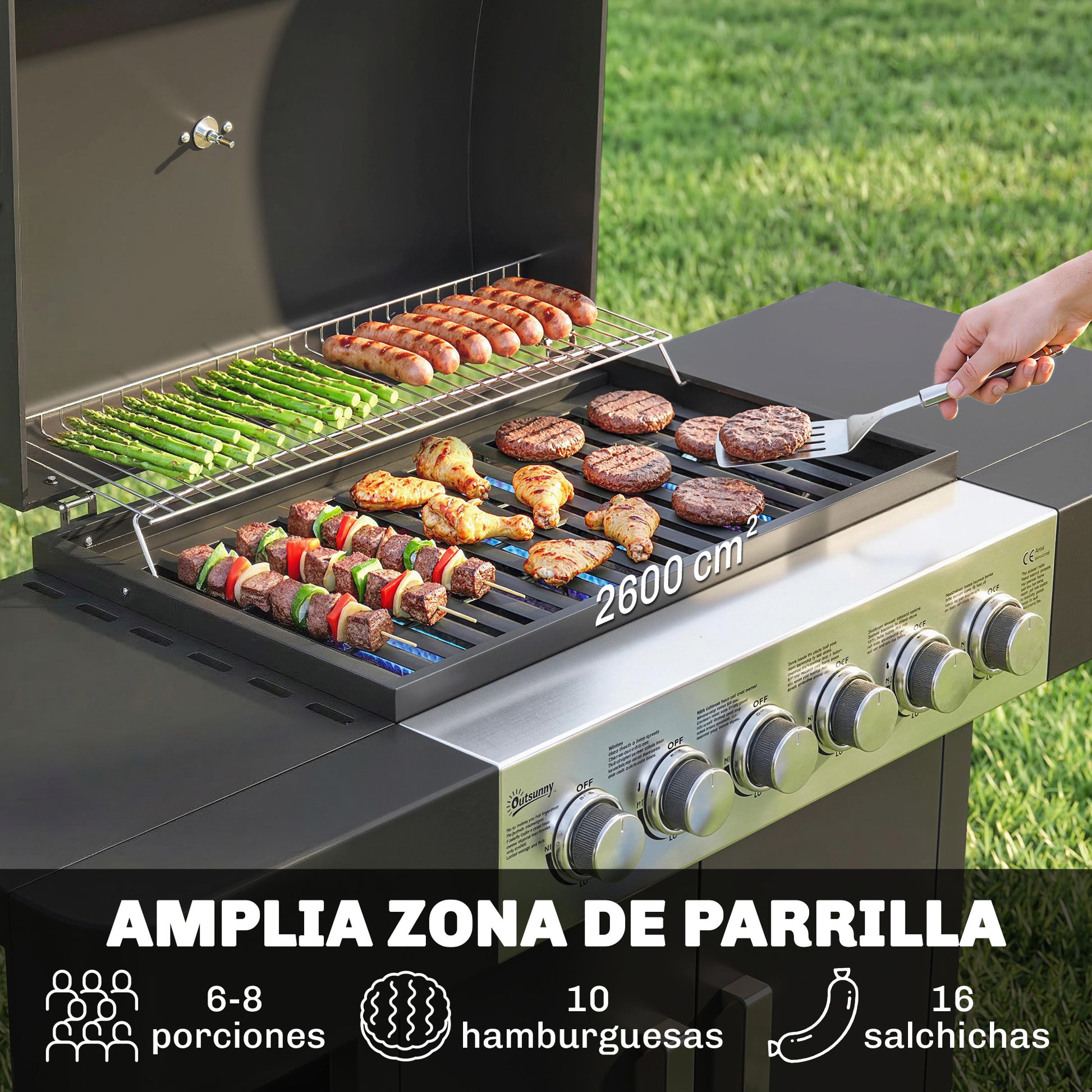 Outsunny Barbacoa De Gas Con 6 Quemadores 15 Kw Termómetro Mesas Laterales Negro_3