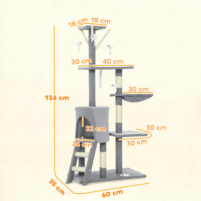 Pawhut Árbol Rascador Para Gatos Grande Altura 134 Cm Con 6 Postes De Sisal Gris_2