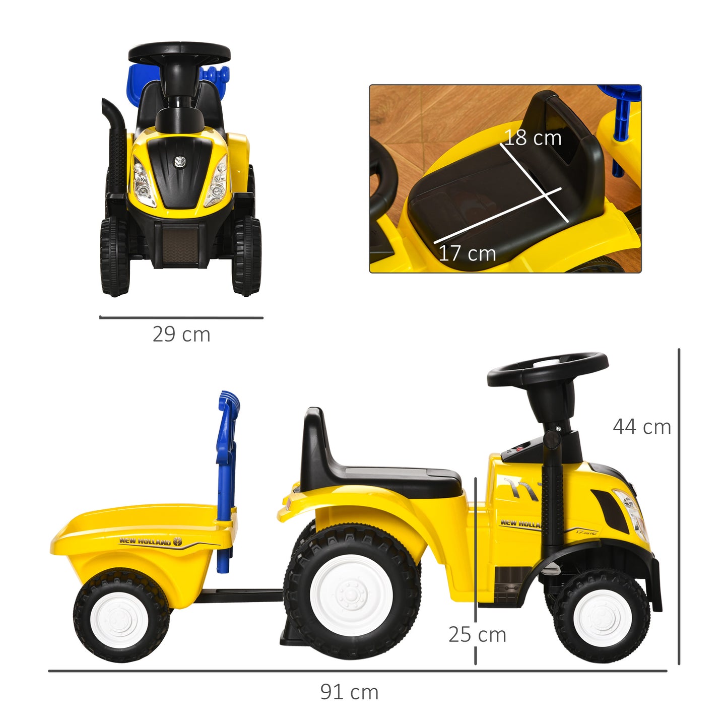 Homcom Tractor Con Remolque Para Niños 12-36 Meses Con Faros Pala Y Rastrillo_2