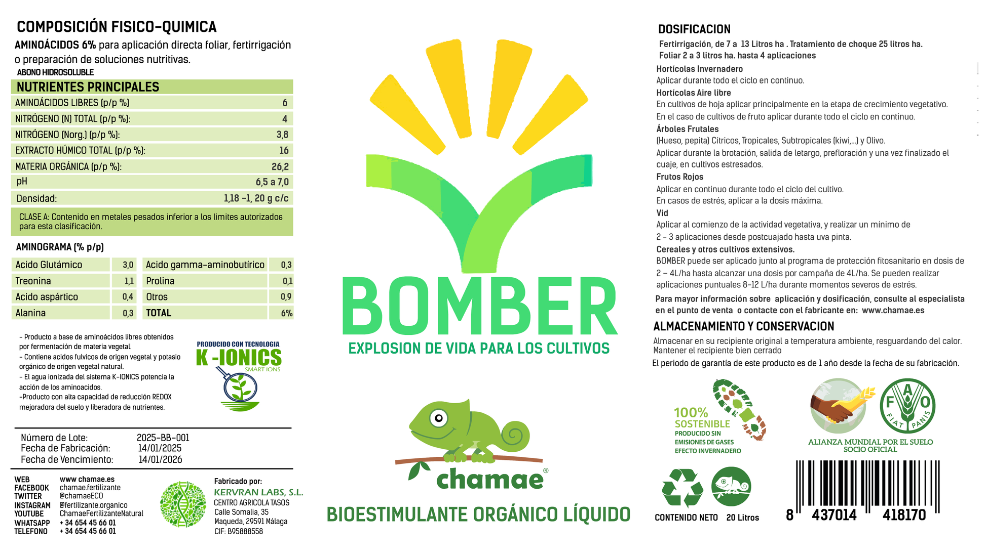 Bioestimulante Bomber Con Aminoácidos De Origen Vegetal Chamae 20 Litros.