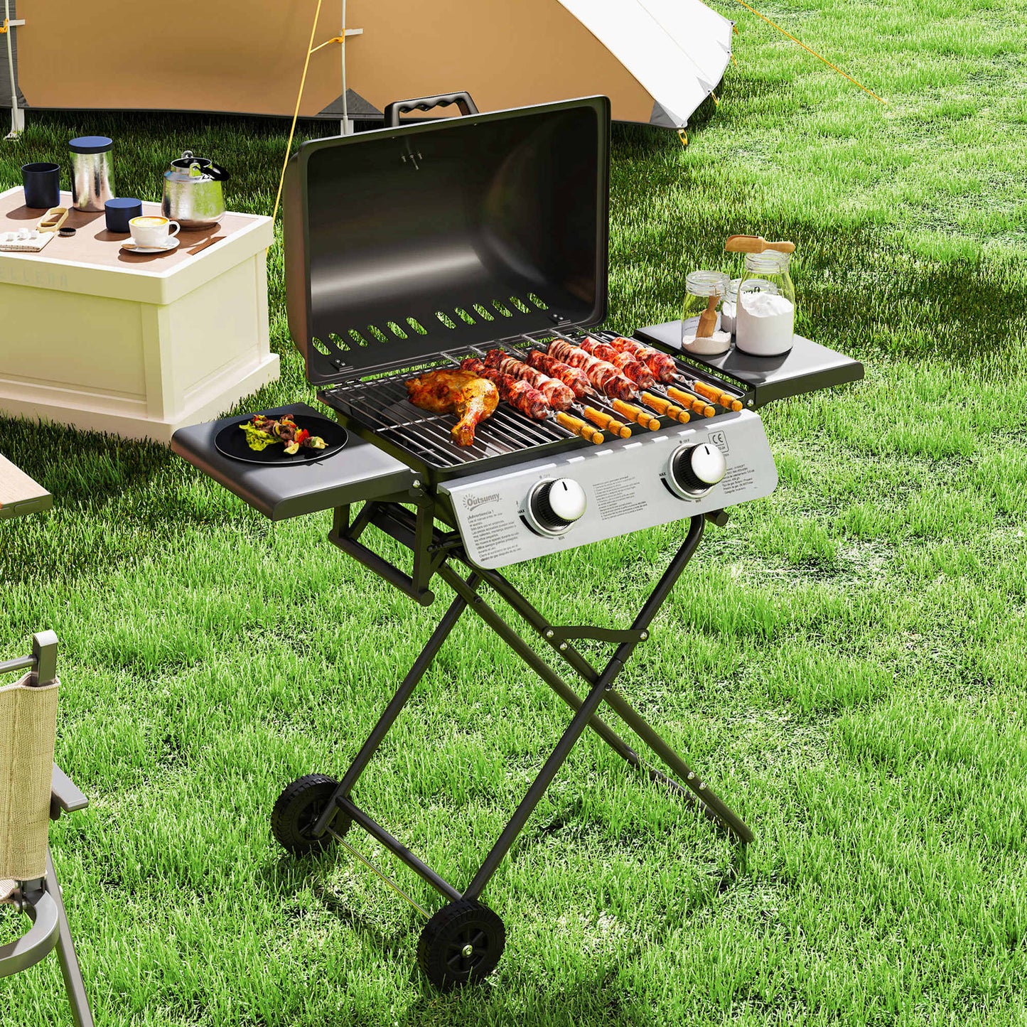 Outsunny Barbacoa De Gas Con 2 Quemadores De Acero Inoxidable 5,6 Kw Con Ruedas_1