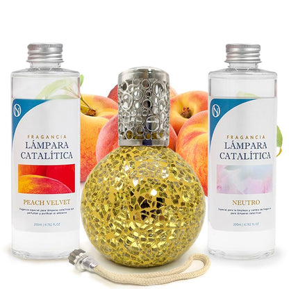 Pack Ahorro Lámpara Catalítica Mosaico Dorado + Fragancia Peach Velvet 200ml + Limpiador Neutro 200ml + Mecha Repuesto_0