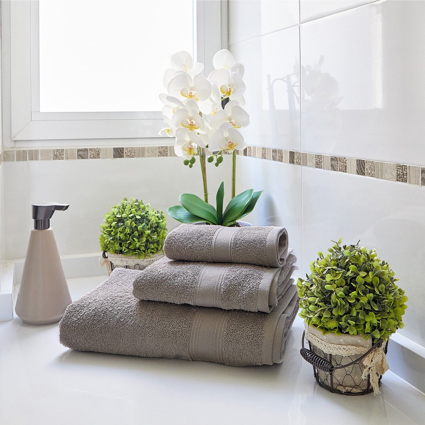 Juego De 6 Toallas De Baño: 2 Toallas De Cortesía 30x50 ; 2 Toallas De Lavabo 50x90 ; 2 Toallas De Ducha 70x140cm 450 Gr/m2 100% Algodón Topo_4
