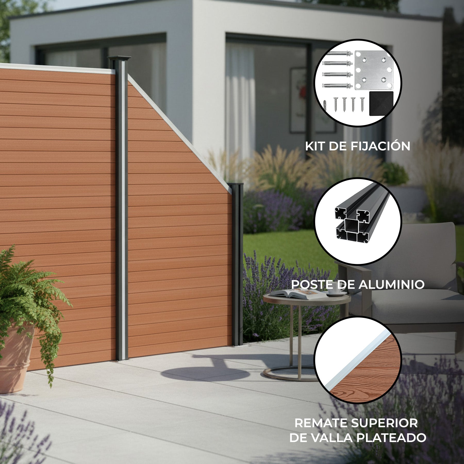 Vallas Para Exteriores De Wpc Y Aluminio - 1x Panel Oblicuo + 1x Poste | Marrón_1