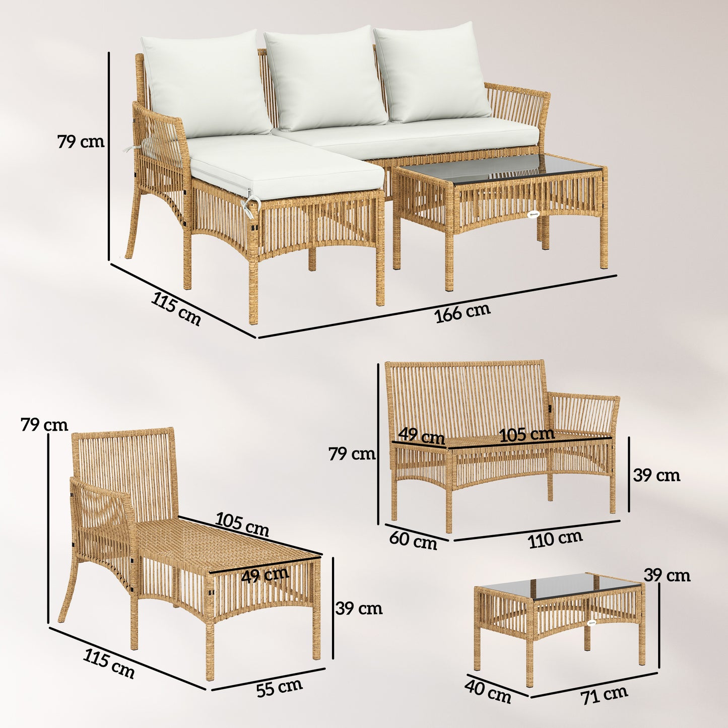 Outsunny Muebles Jardín Ratán 3 Piezas Cojines, Blanco Crema_2