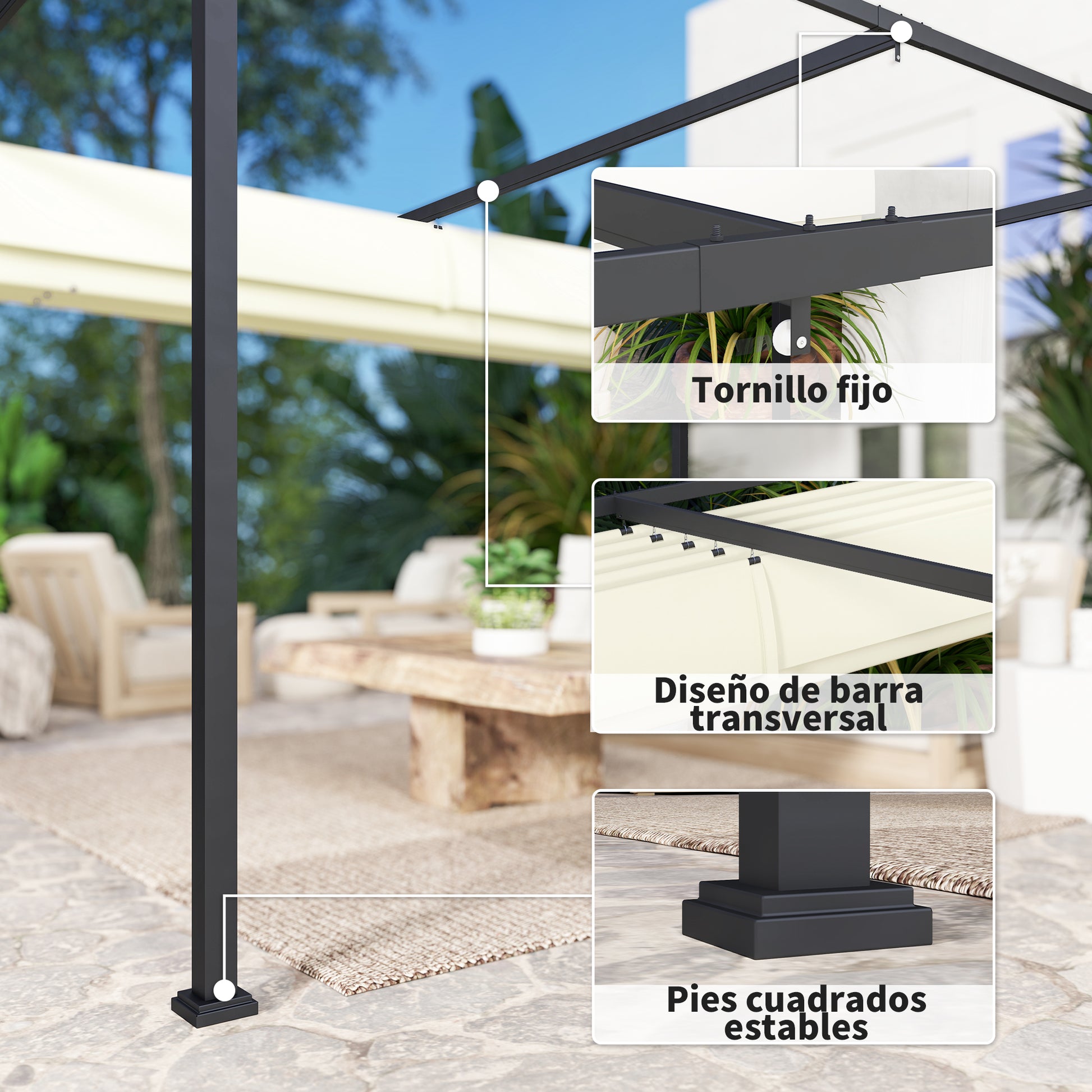 Outsunny Pérgola Con Techo Retráctil 4x3 M Resistente Al Agua Crema_5