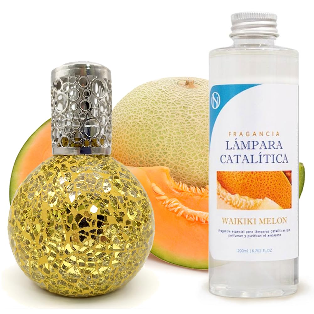 Lámpara Catalítica Mosaico Dorado + Aroma Waikiki Melon 500ml - Elimina Malos Olores, Impurezas Y Perfuma_0