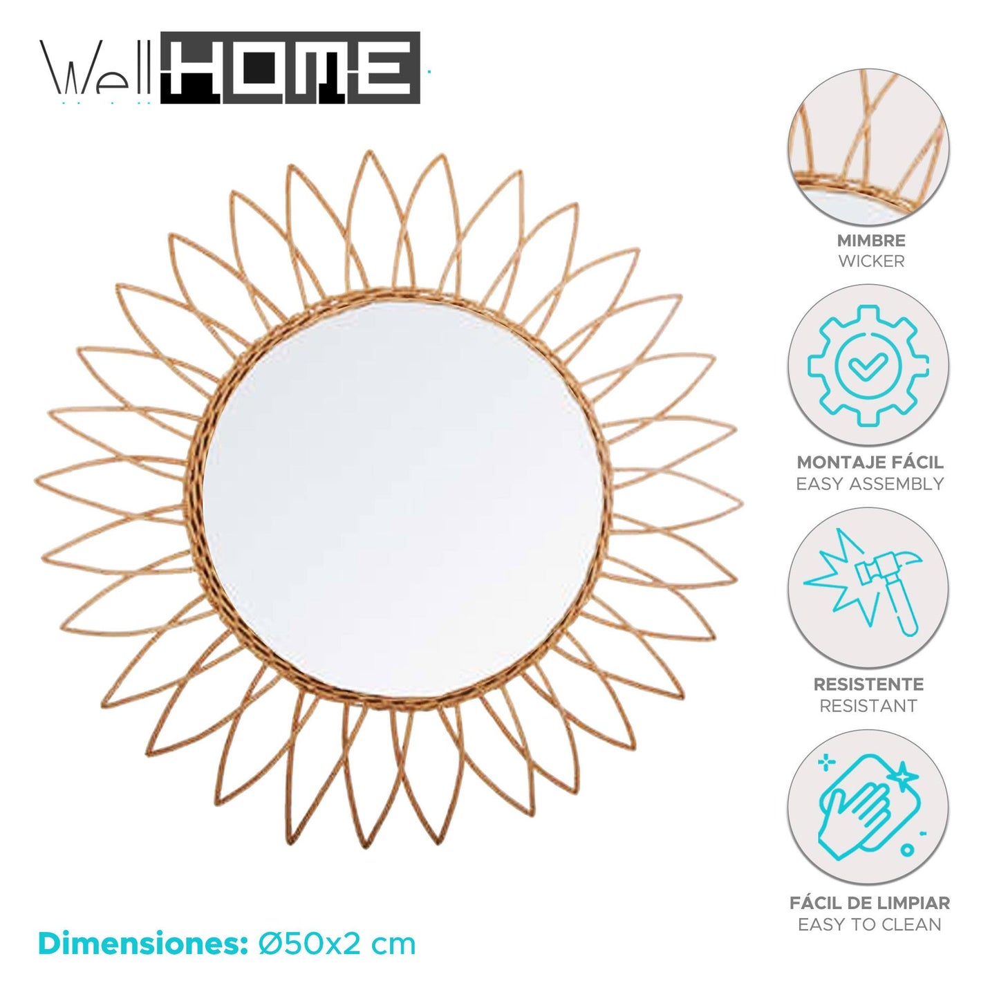 Well Home Espejo De Ratán De Sol Con Diseño Afilado Por La Parte Exterior Ø50cm