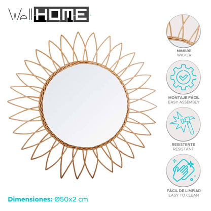 Well Home Espejo De Ratán De Sol Con Diseño Afilado Por La Parte Exterior Ø50cm