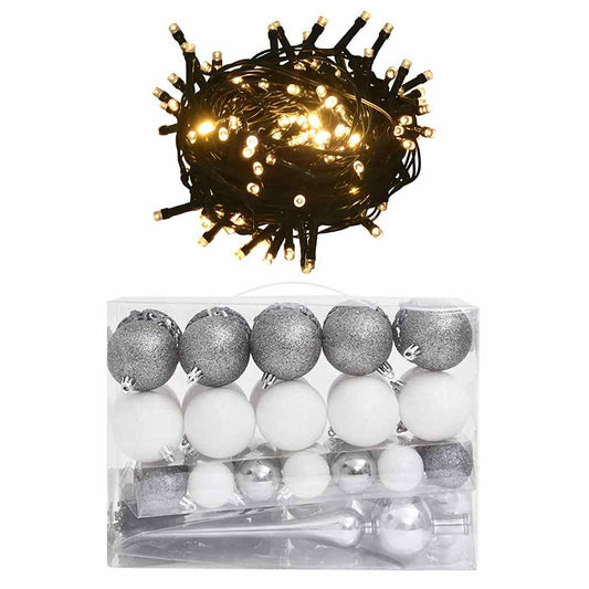 Vidaxl Set De Bolas De Navidad 61 Pzas Con Pico 150 Led Blanco Y Gris_0