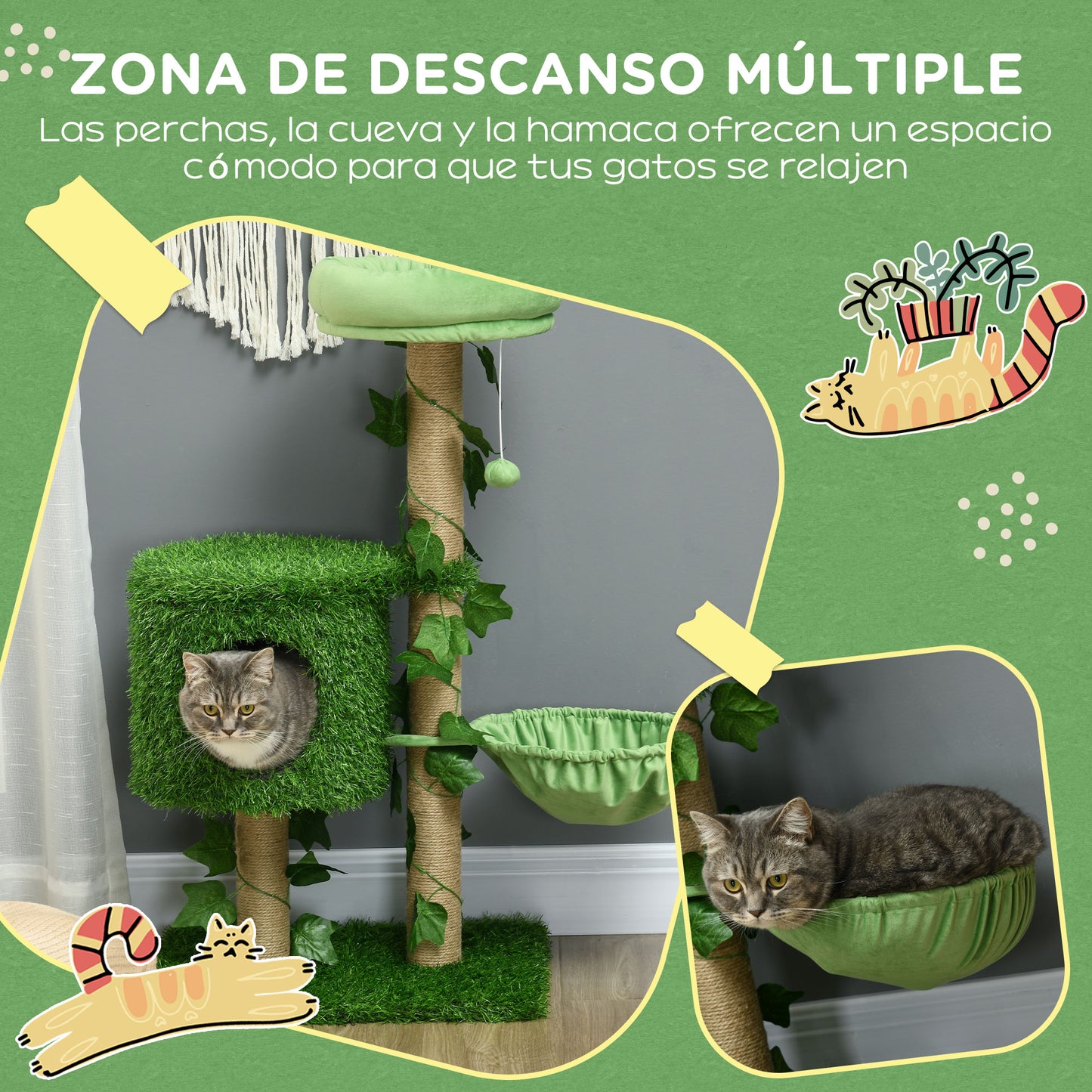 Pawhut Árbol Rascador Para Gatos 91cm Con Caseta Hamaca Poste De Yute Bola Verde_5