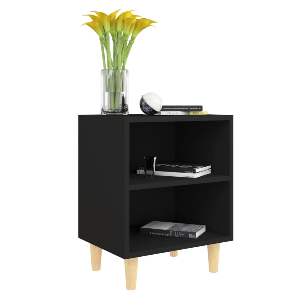 Mesita De Noche Con Patas De Madera Maciza Negra 40x30x50 Cm_1