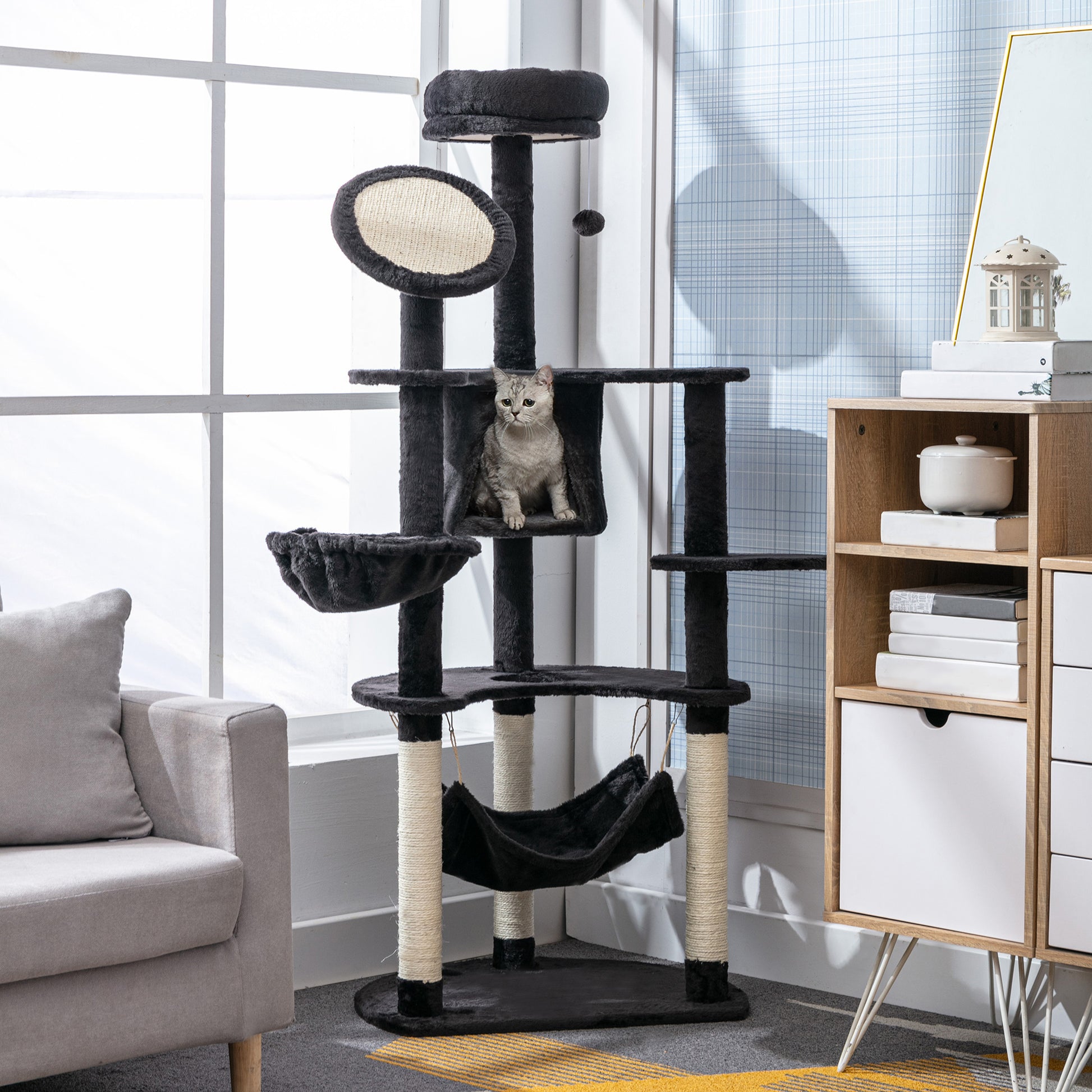 Pawhut Rascador Para Gatos 153 Cm Con Cueva Plataformas Postes De Sisal Y Bola_1