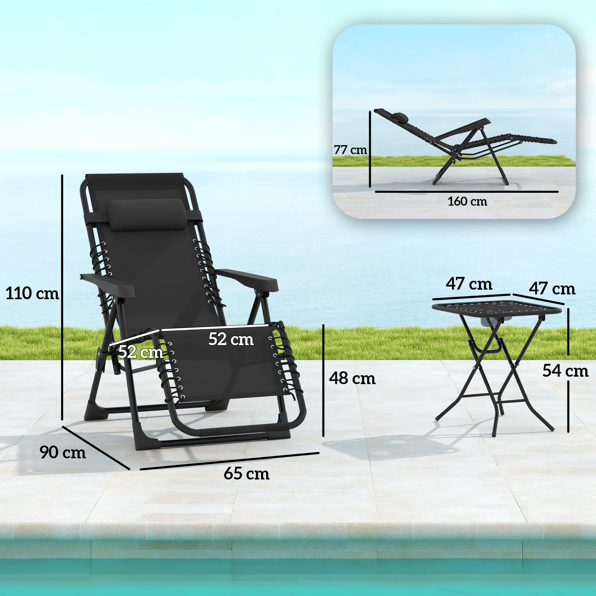 Outsunny Set De 2 Tumbonas Jardín Exterior Con Mesa Auxiliar Reposabrazos Negro_2