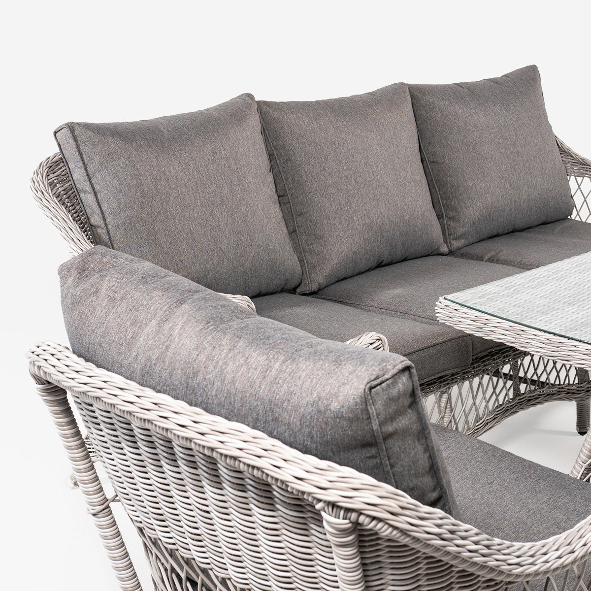 Conjunto Sofás De Jardín, Mesa Centro 140 Cm, 2 Butacas Y 1 Sofá 3 Plazas, Color Gris, Aluminio Y Rattán Sintético Abierto Redondo, 5 Plazas_3