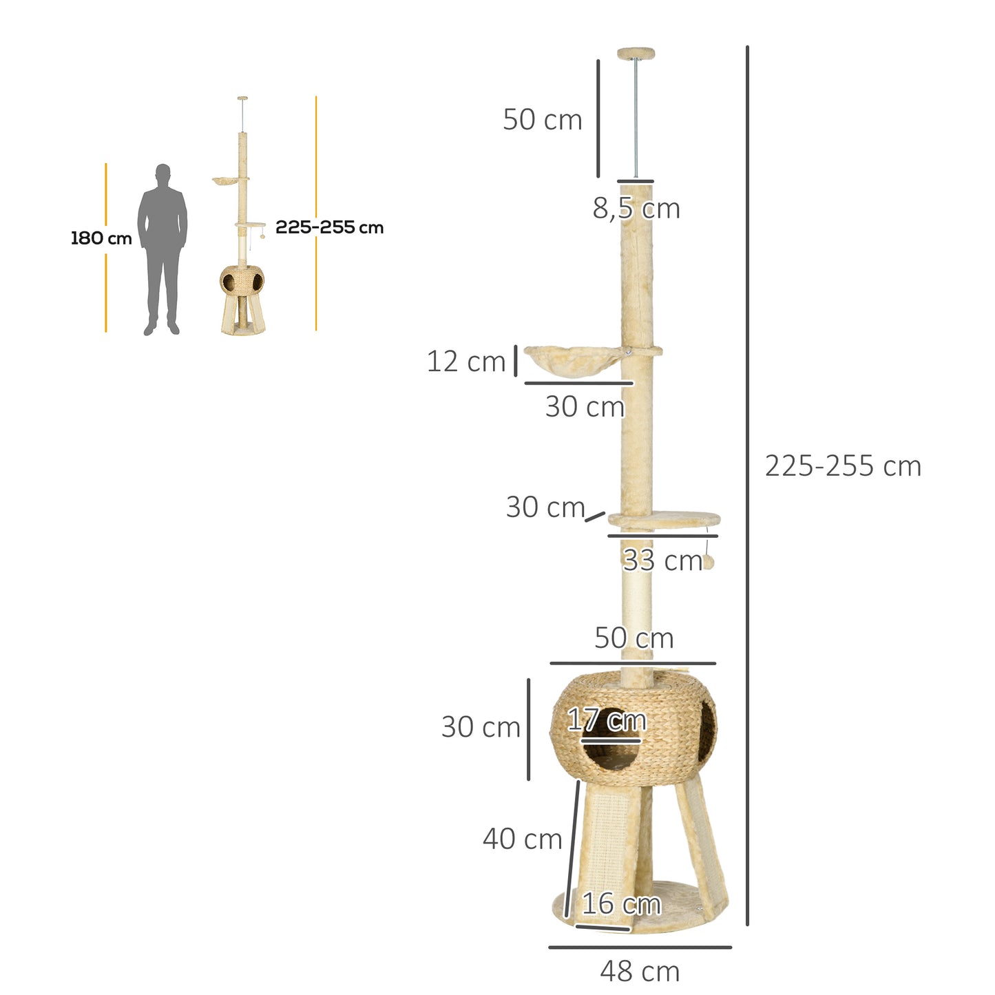 Pawhut Árbol Para Gatos De Suelo A Techo De 225-255 Cm Con Cueva Hamaca Beige_2
