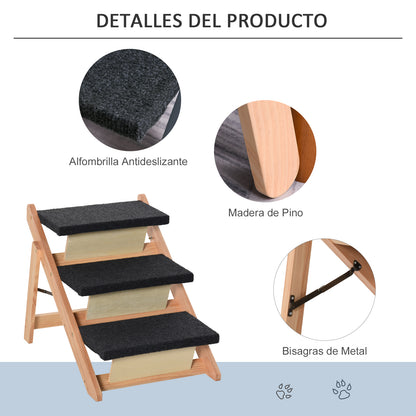 Pawhut Escalera De Madera Para Perros Plegable Rampa Con 3 Escalones Cama_5