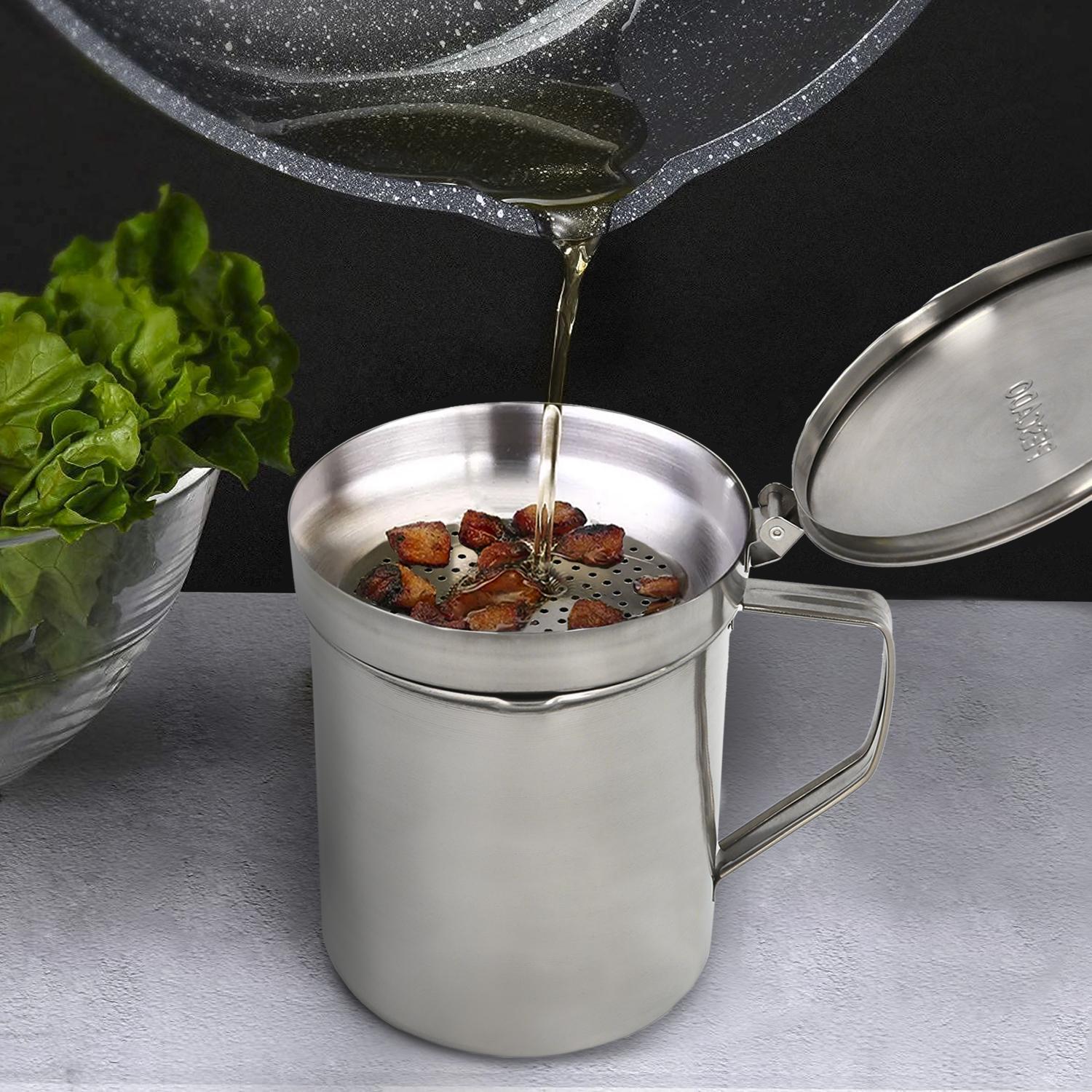 Grasera Acero Inoxidable Para Carne, Aceitera Aceite Usado 0,5 Lts. Con Colador Y Tapa, Recipiente Reciclaje Aceite Usado Carne_2