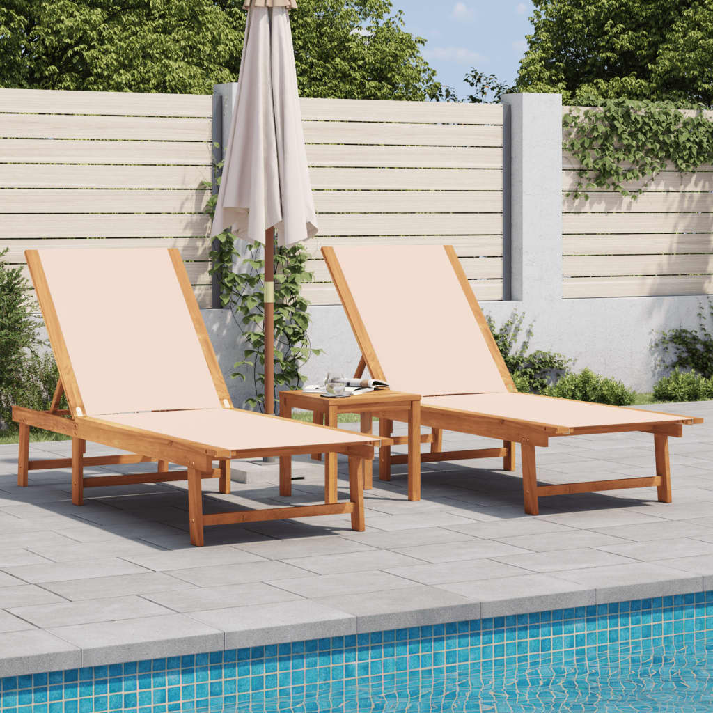 Tumbonas 2 Uds Con Mesa Madera Maciza Acacia Y Textileno Crema / Vetonek_1