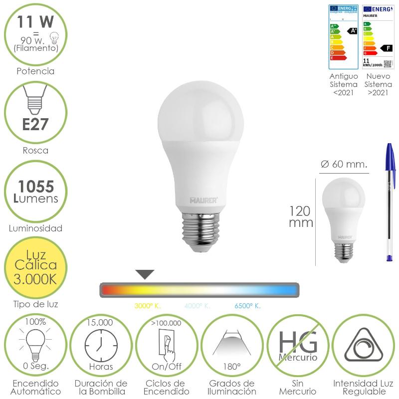 Bombilla Led Estandar Rosca E27. 11 Watt. Equivale A 90 Watt. 1055 Lumenes. Luz Calida (3000º K.) Dimerable_0