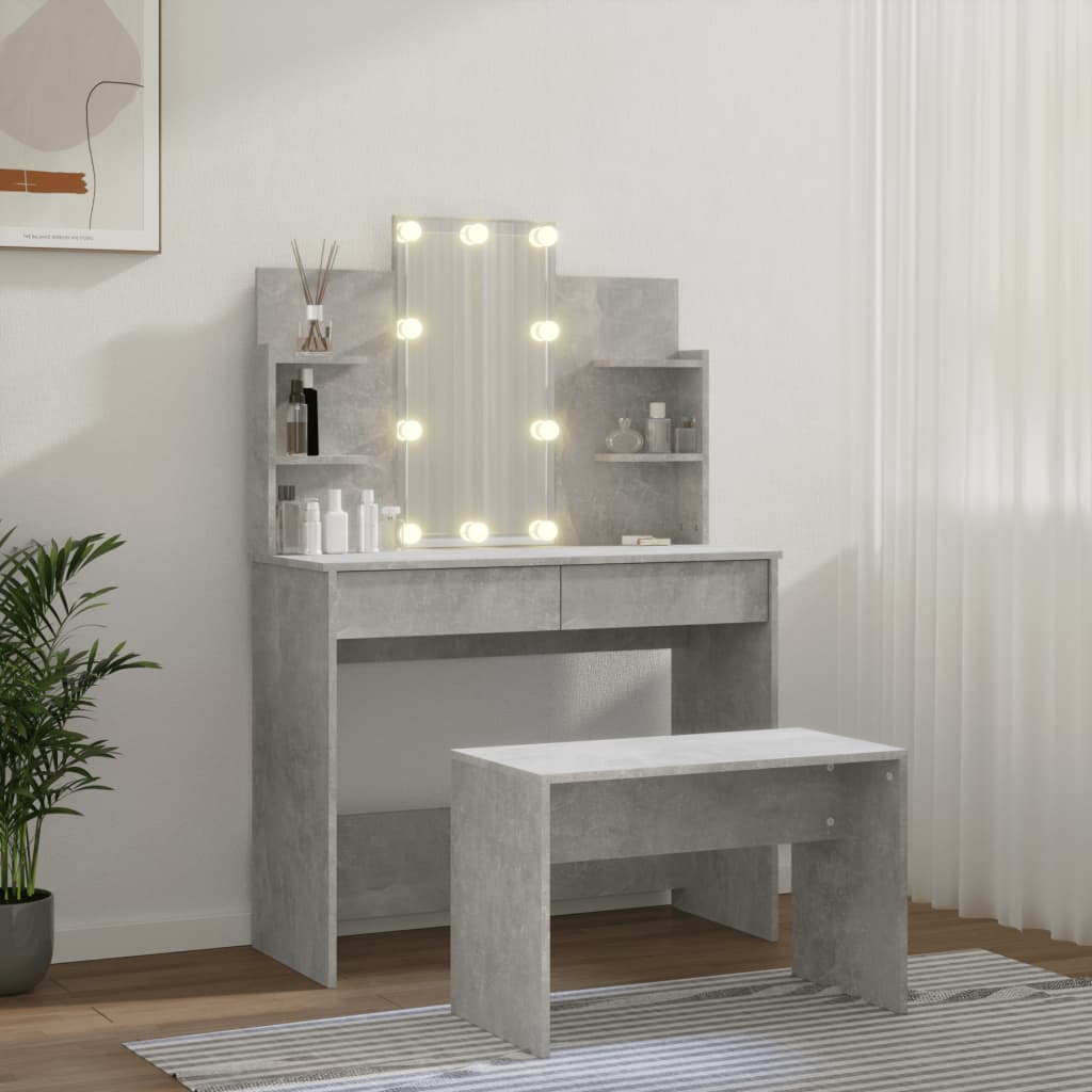 Juego De Tocador Con Led Madera Contrachapada Gris Hormigón_2