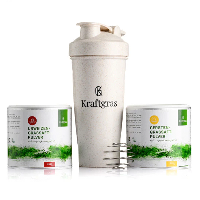 Kraftgras - Set: Polvo de jugo de trigo ancestral y cebada ecológico 200 g cada uno + shaker sostenible (vegano)_0