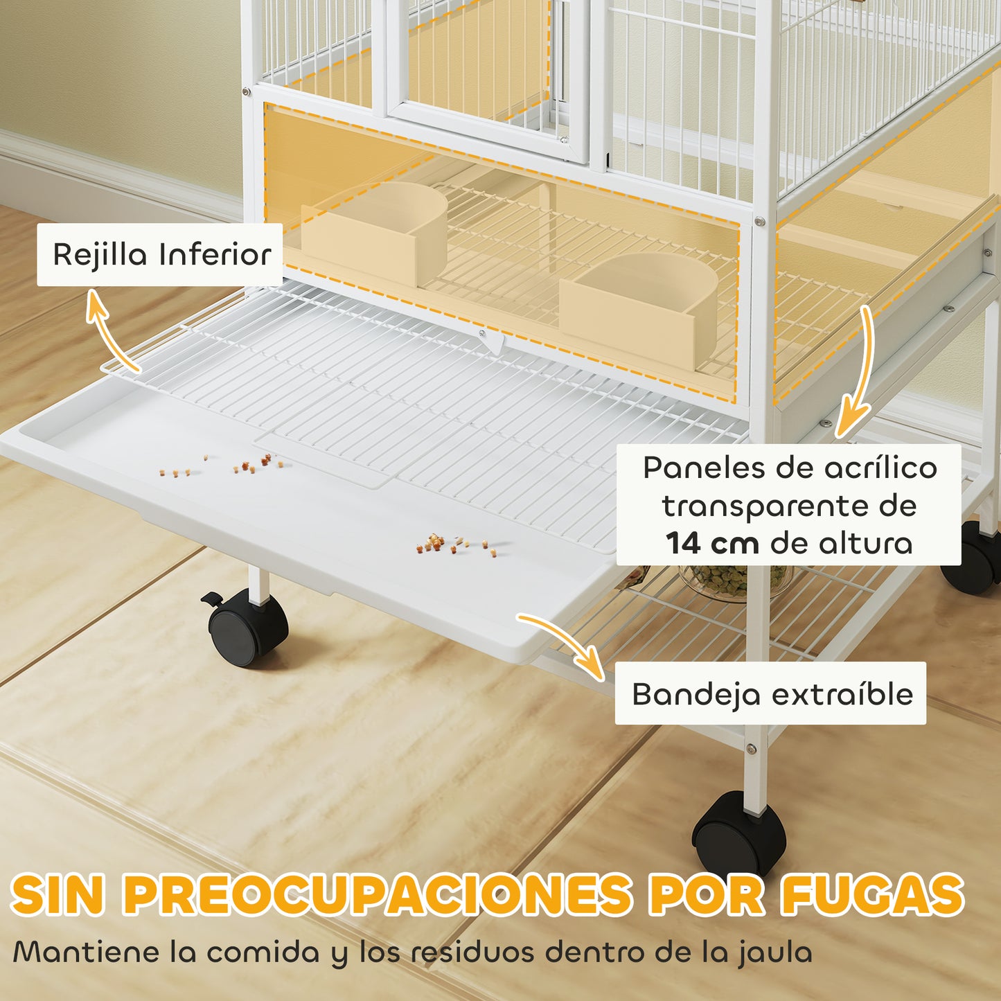 Pawhut Jaula Para Pájaros De 2 Niveles Con Ruedas Paneles Acrílicos Blanco_3