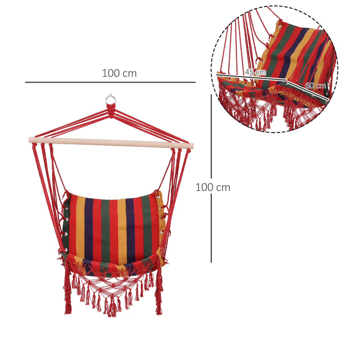 Silla Hamaca Colgante Outsunny Madera, Algodón, Poliéster Rojo, Azul Y Amarillo 100x60x100 Cm_2