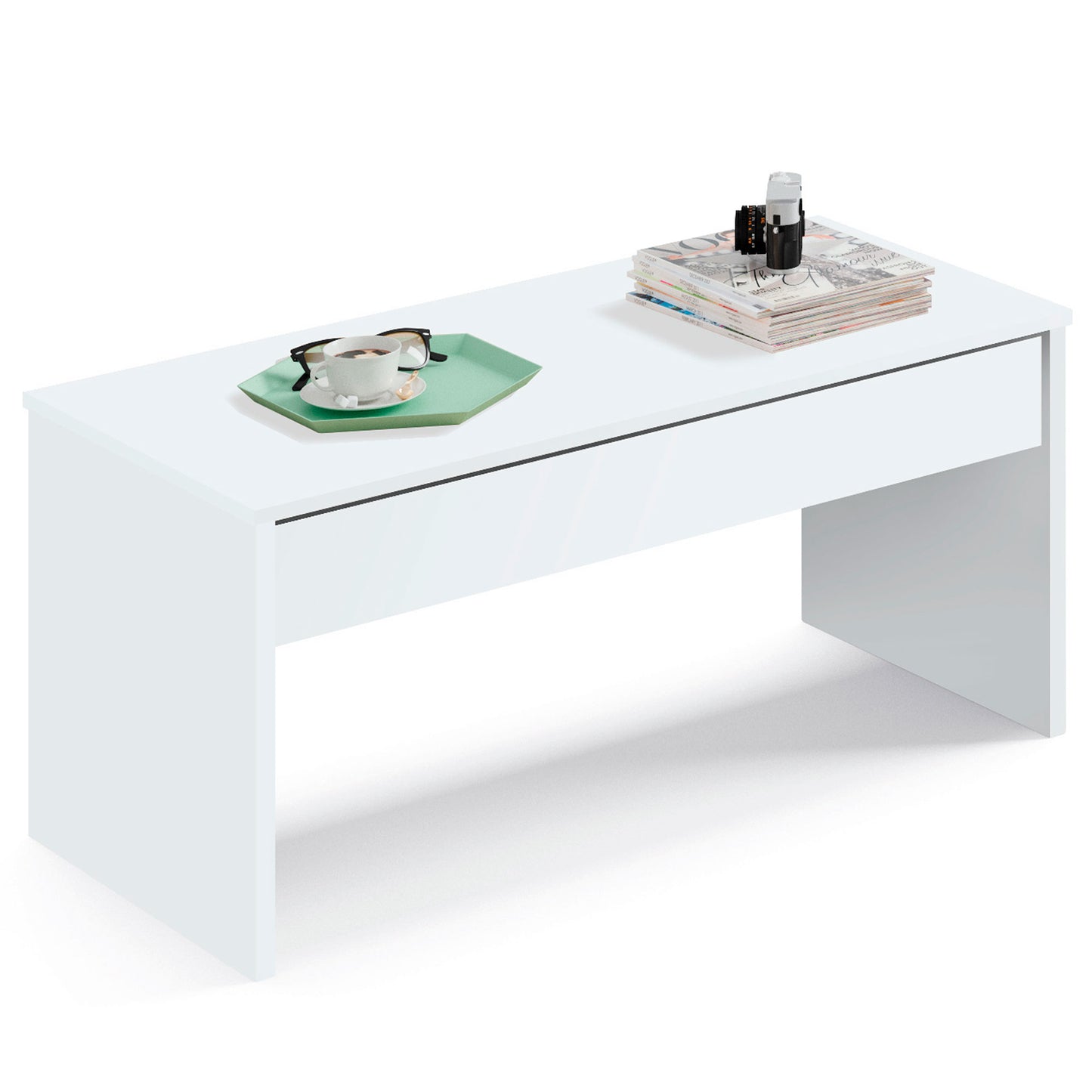Mesa Centro Elevable, Comedor, Salón, Mesita Café Auxiliar Para Sofá, 47x100x50cm/58x100x50cm, Briebe, Opal, Blanco_1