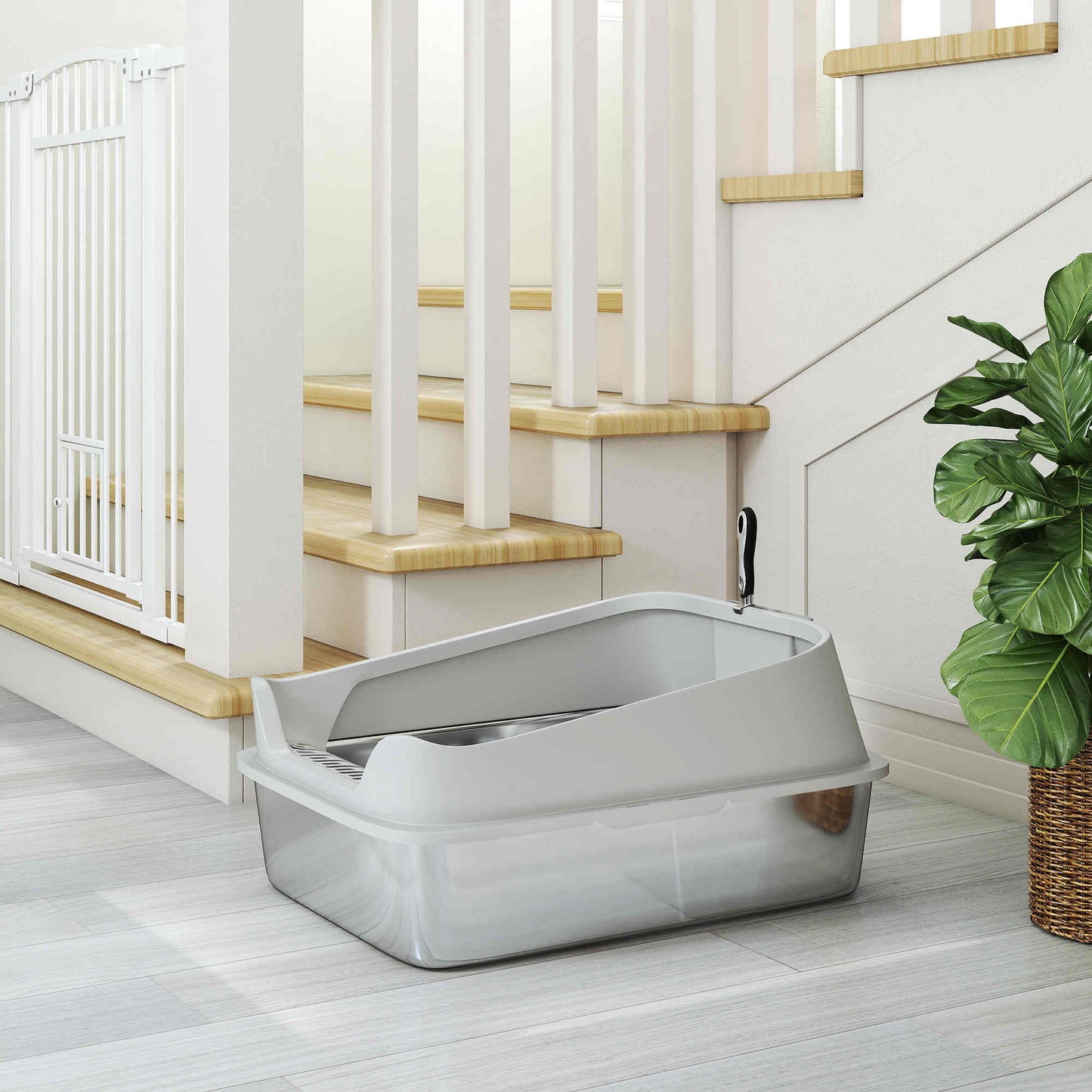 Pawhut Arenero Para Gatos De Acero Inoxidable Xxl Con Borde Alto 70x50x30cm Gris_4