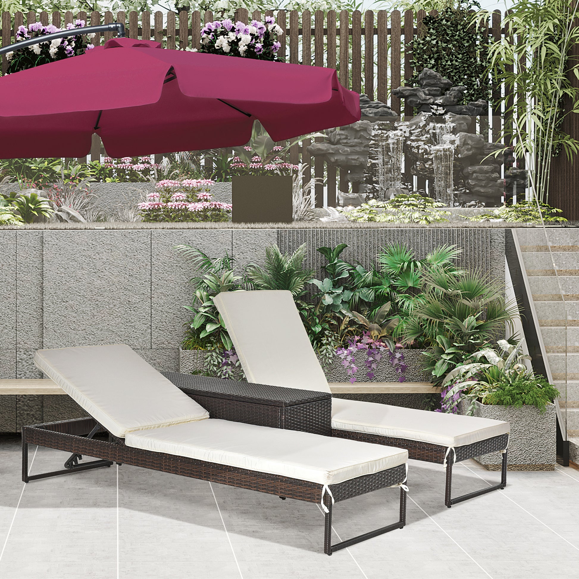 Outsunny Conjunto De 2 Tumbonas De Terraza Con Mesa Ratán 195x60x86 Cm Marrón_1
