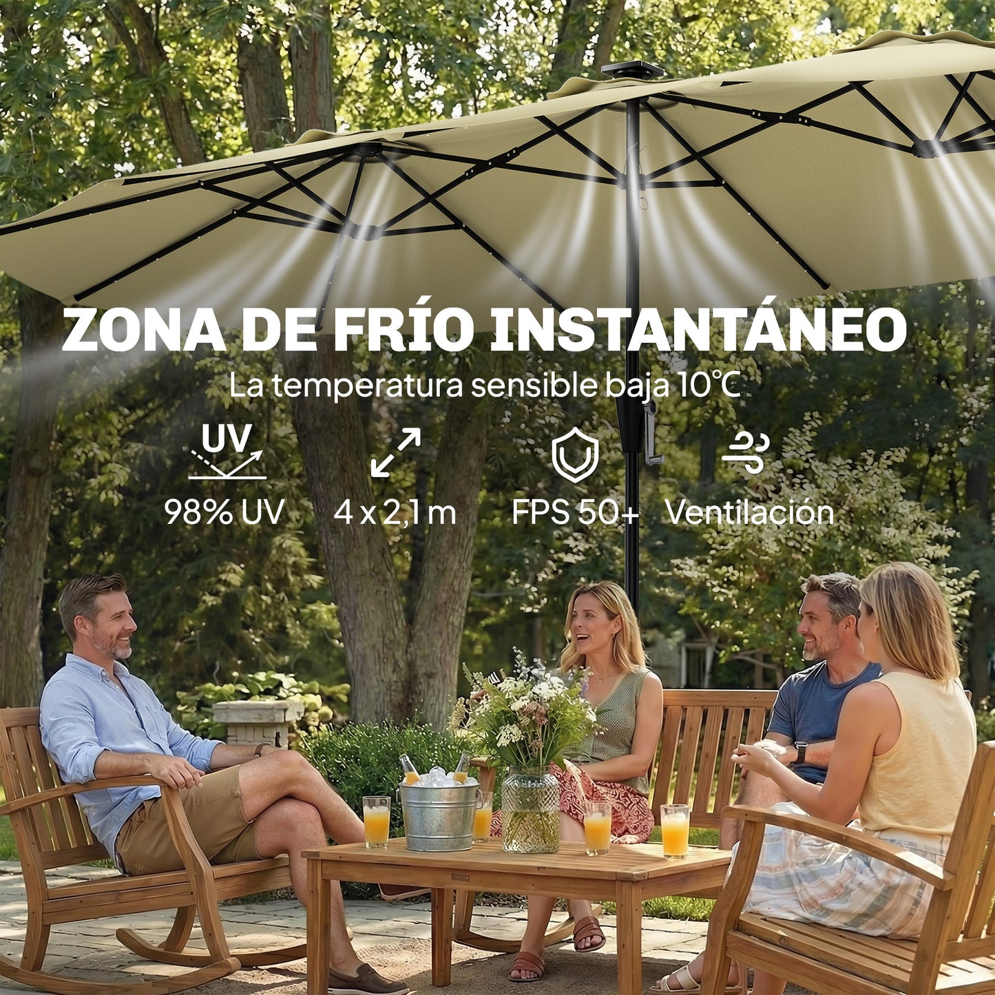 Outsunny Sombrilla Doble 4x2 M Con 36 Luces Led Manivela Upf50+ Beige_5