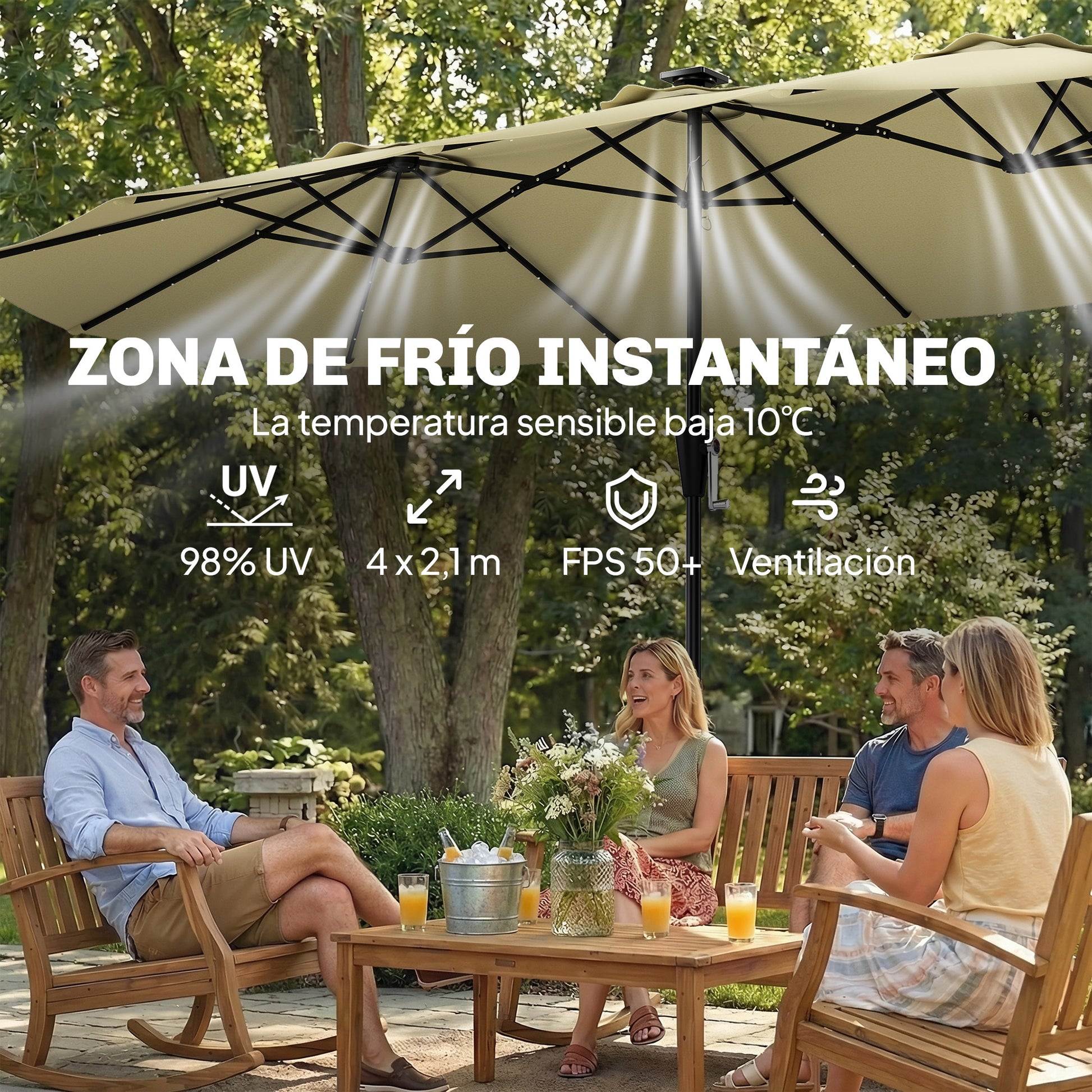 Outsunny Sombrilla Doble 4x2 M Con 36 Luces Led Manivela Upf50+ Beige_5