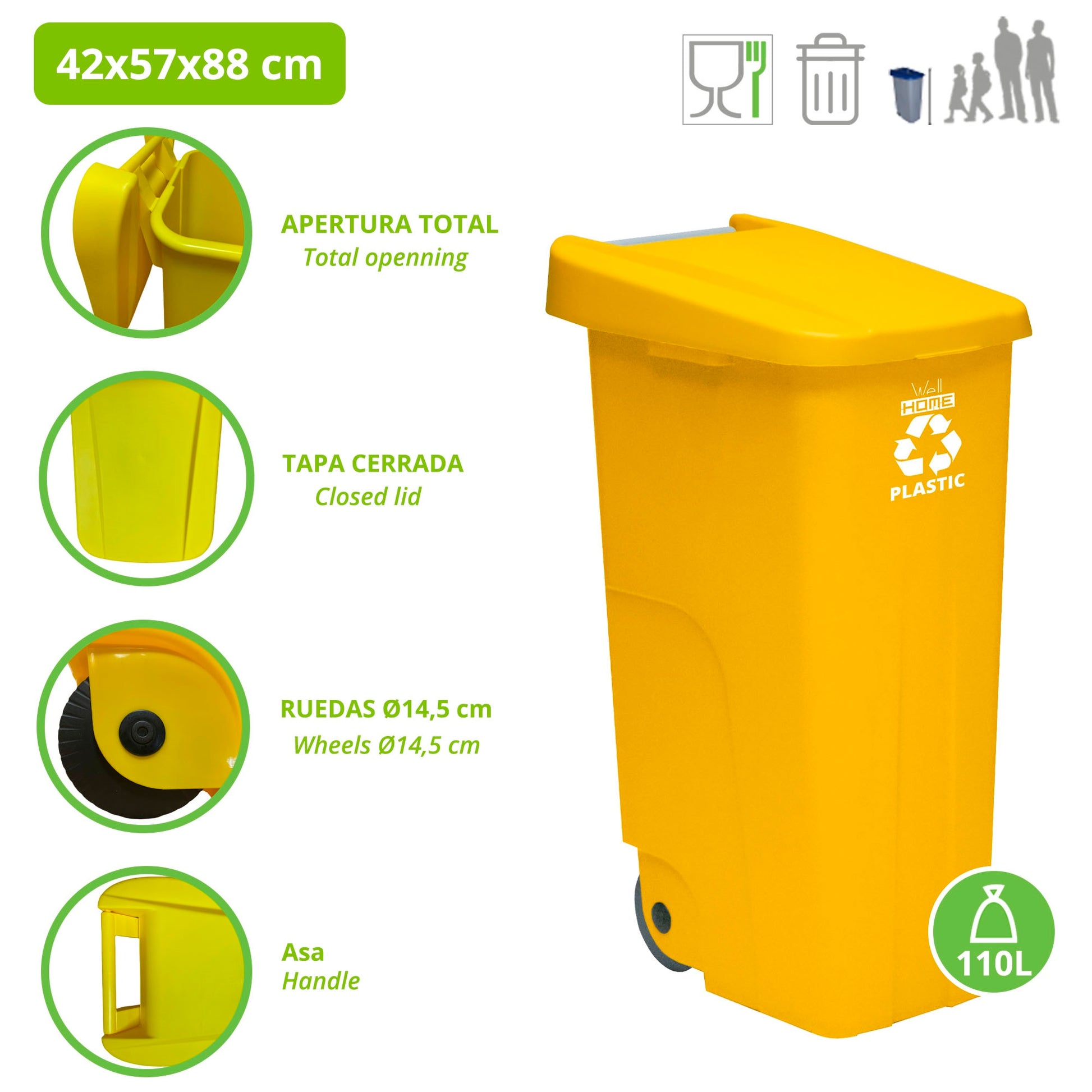 Contenedor Wellhome Reciclo 110L con Tapa y Ruedas, Ideal para Plásticos + 3 Bolsas de 10 Unidades_1