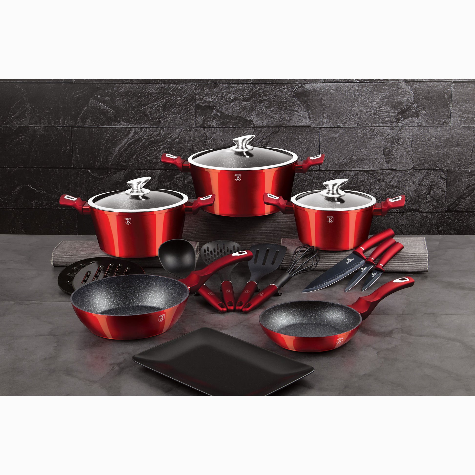 Batería Cocina Inducción 17 Piezas, Antiadherente Mármol Sin Pfoa, Aluminio, Cazuelas Sartenes Berlinger Haus Burgundy Rojo_1