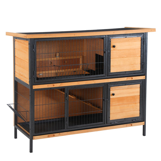 Pawhut Conejera De Madera De 2 Niveles Con Puertas Y Rampa 122x50x101 Cm Natural_0