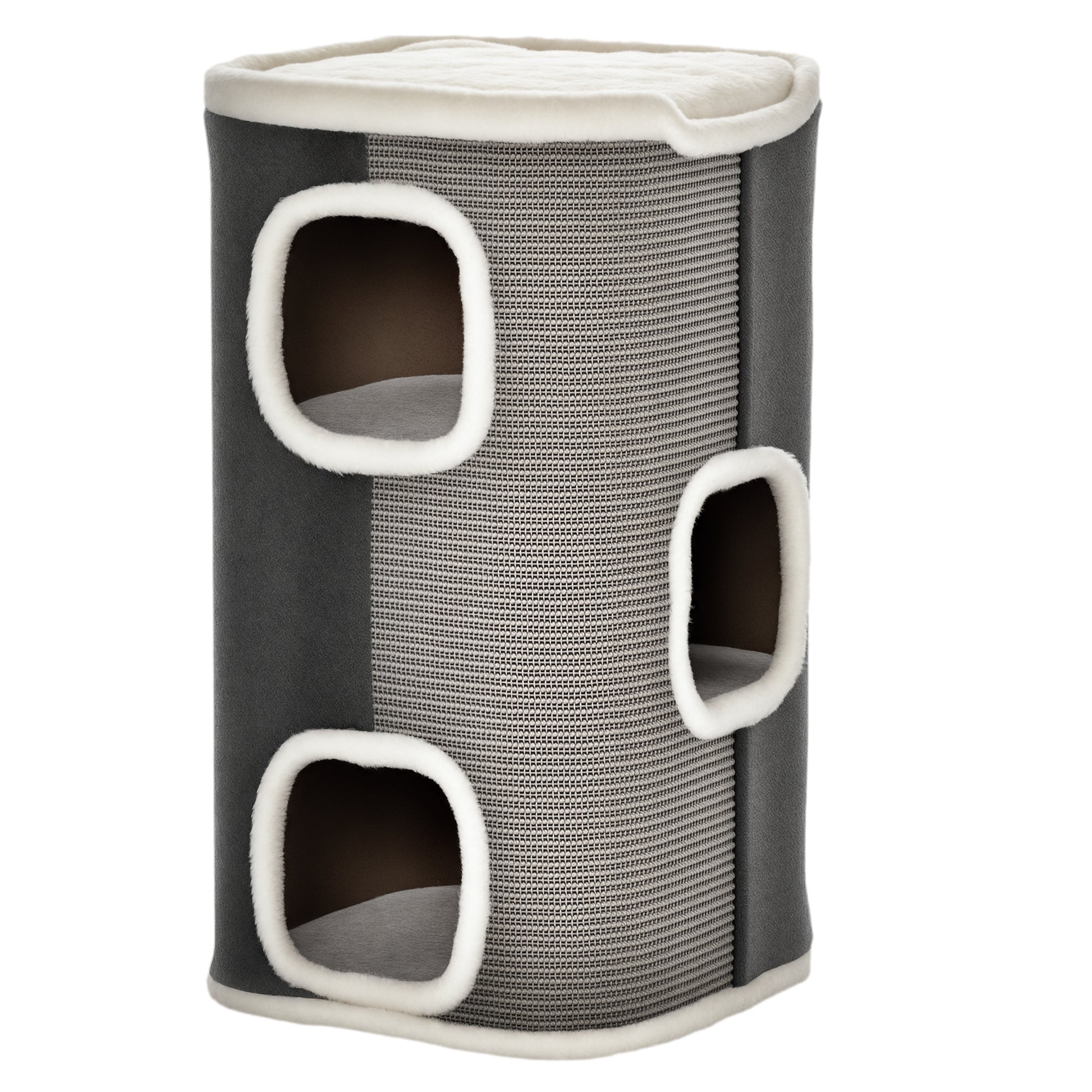 Pawhut Barril Rascador Para Gatos De 2 Niveles Con Cuevas De Sisal Felpa Suave Y Plataforma De Vellón 40x40x49 Cm Gris_0