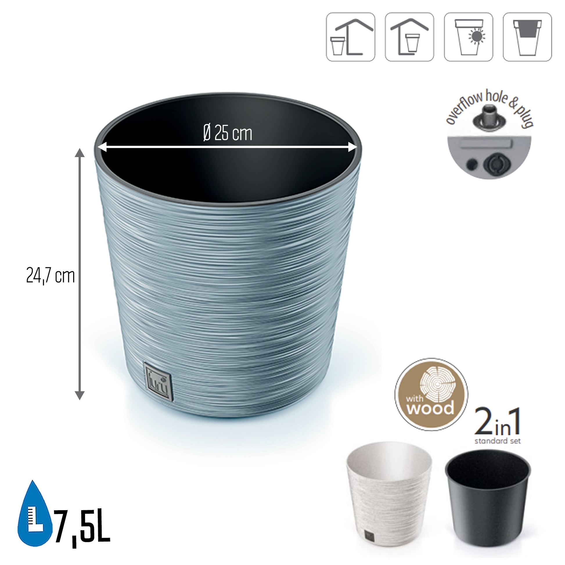 Macetero Color Cemento, Con Depósito, Colección Furu, De 25 X 25 X 24,7 Cm, Capacidad De 7,5 L.