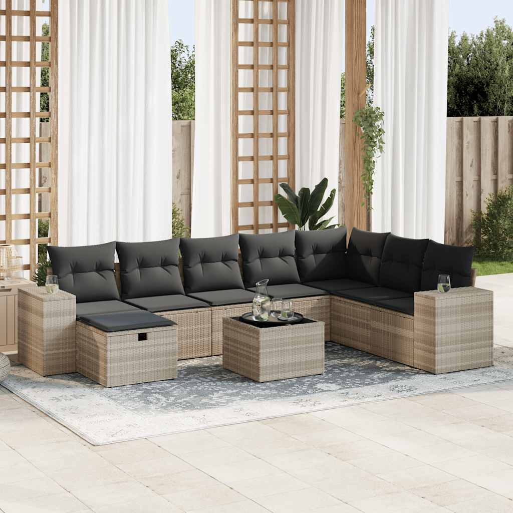 Set Muebles Jardín 9 Pzas Y Cojines Ratán Sintético Gris Claro / Vetonek_1