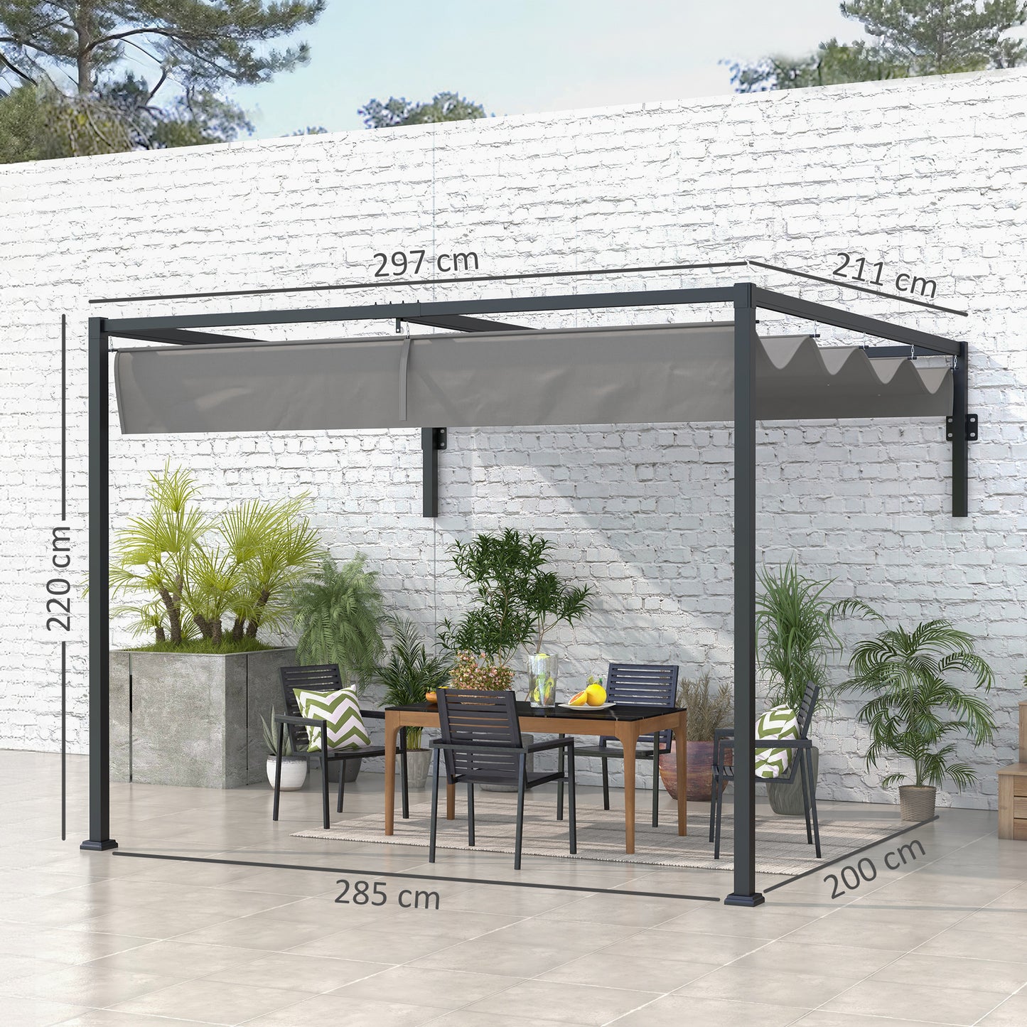 Outsunny Pérgola De Pared 297x211x220 Cm Con Techo Retráctil Para Patio Gris_2