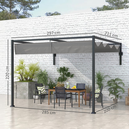 Outsunny Pérgola De Pared 297x211x220 Cm Con Techo Retráctil Para Patio Gris_2