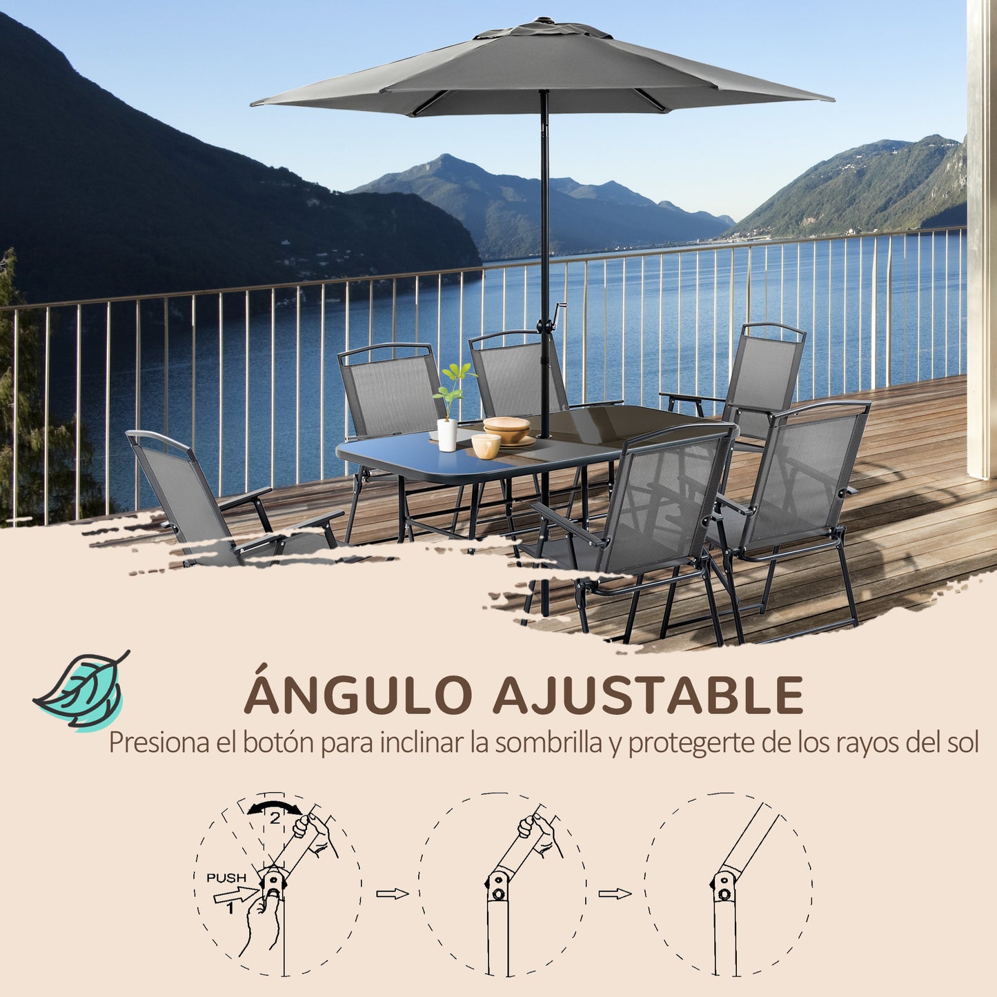 Outsunny Muebles Muebles De Jardín 6 Sillas Plegables Mesa Sombrilla Inclinable_5