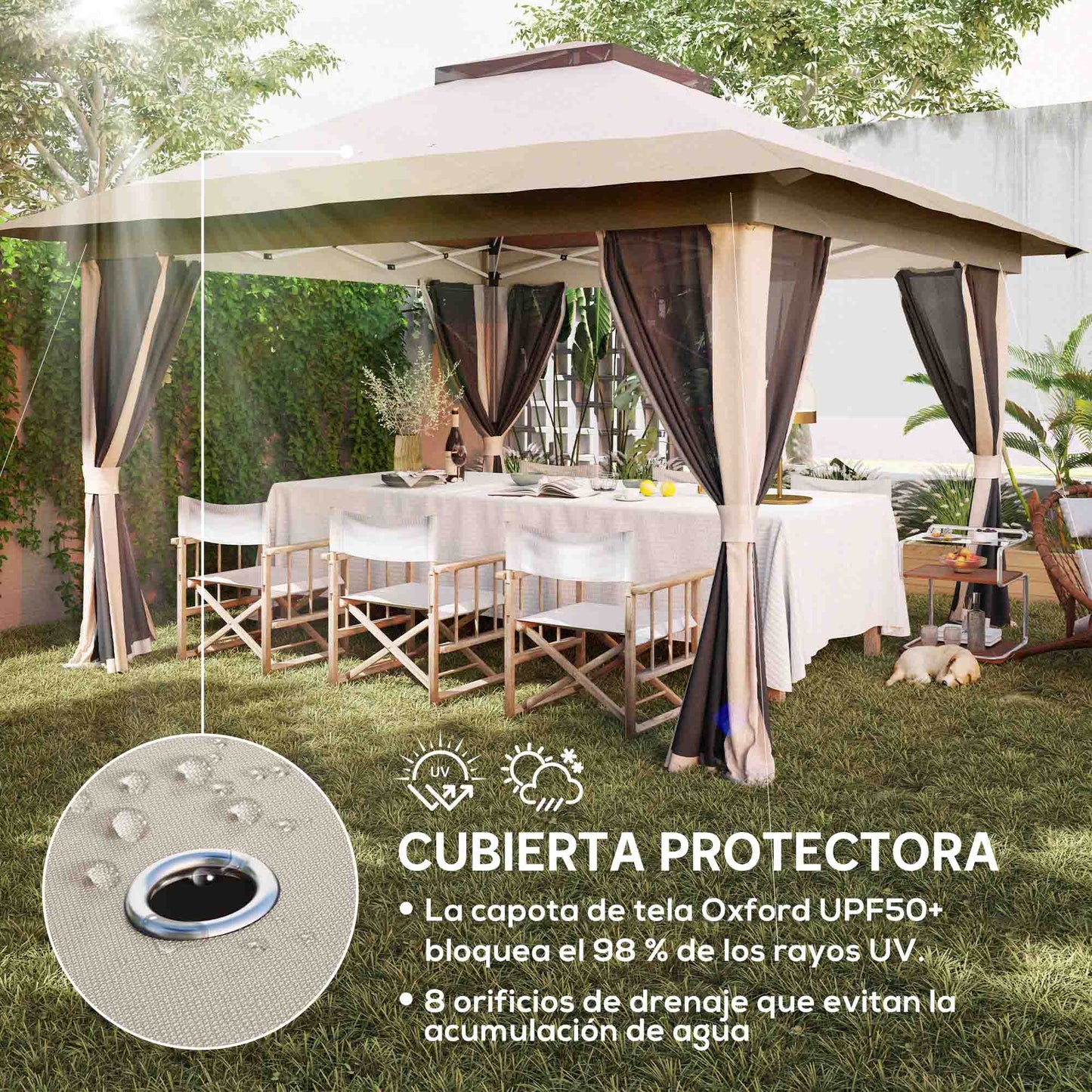 Outsunny Carpa Plegable 3,6x3,6 M Con 4 Paredes Laterales De Malla Anti-uv Beige_5