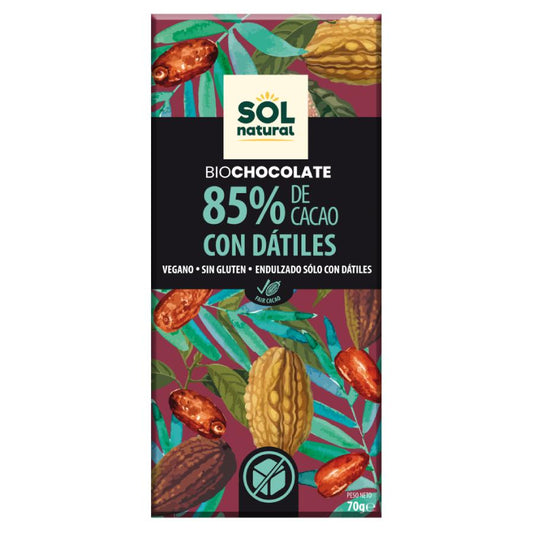 Tableta de Chocolate Vegano 85% de Cacao y Dátiles Bio Sol Natural 70 g