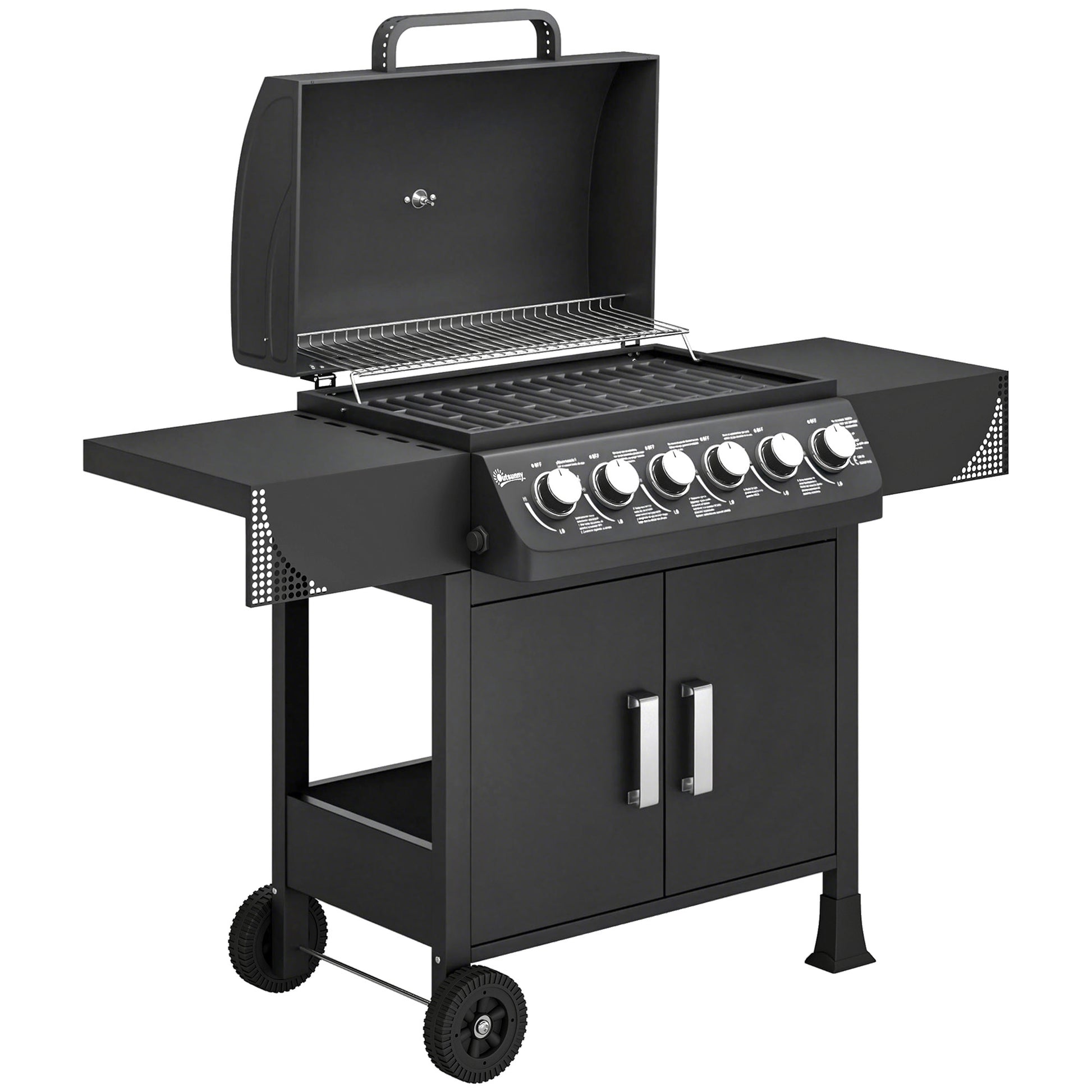 Outsunny Barbacoa De Gas Con 6 Quemadores 15 Kw Termómetro Y Mesas Laterales_0