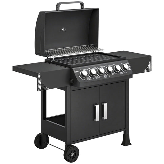 Outsunny Barbacoa De Gas Con 6 Quemadores 15 Kw Termómetro Y Mesas Laterales_0